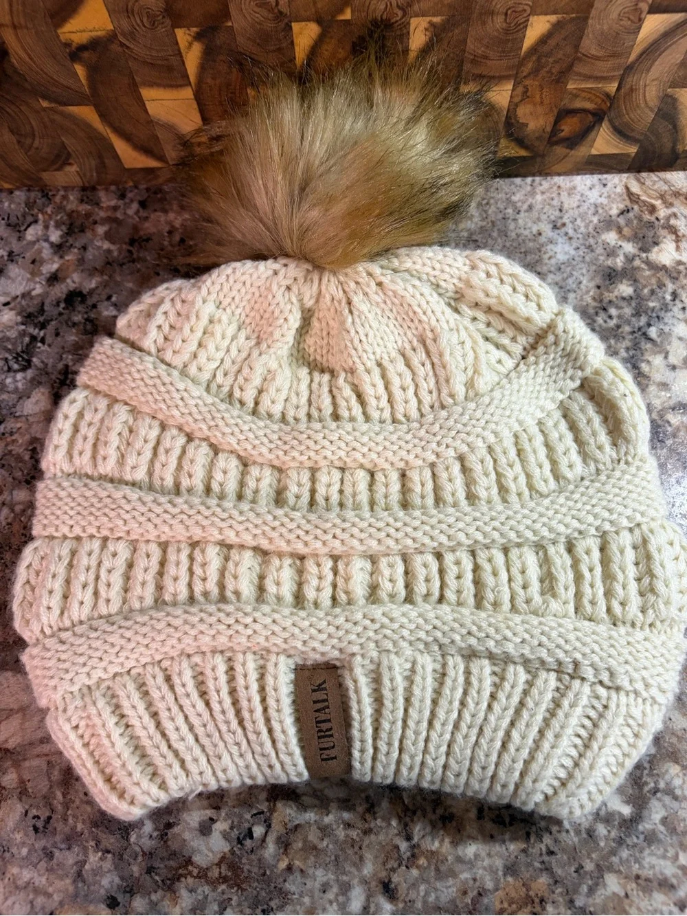 Cream Knit Pom Beanie with Faux Fur Top